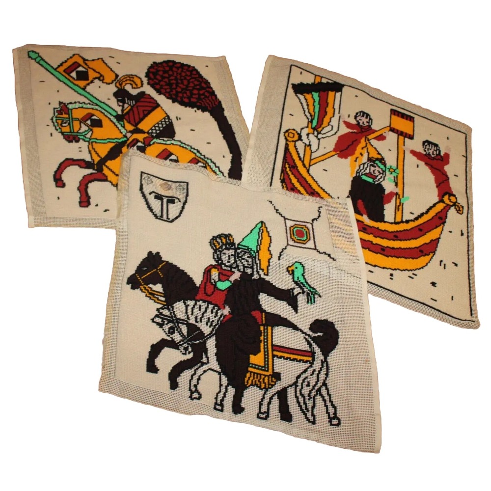 3 needlepoint pieces Princess Prince Danish Modern (~21.5" x 20") - 2 completed